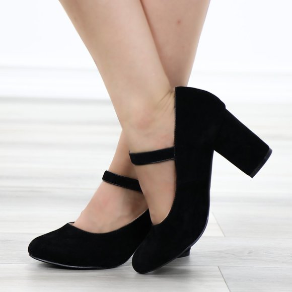 Cute Black Faux Suede Chunky Heel Pumps - Picture 7 of 13